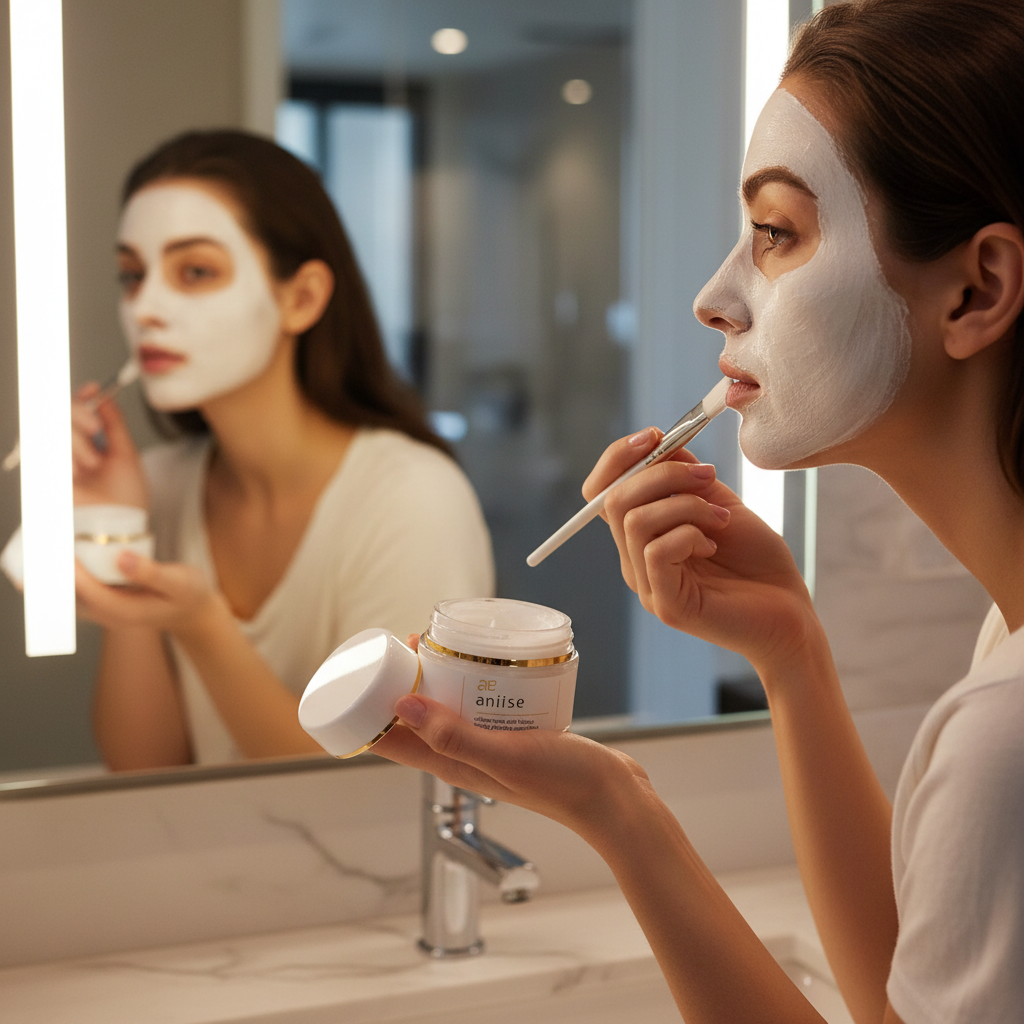 Woman applying a facial mask in front of a mirror with a container of 'anlise' product.