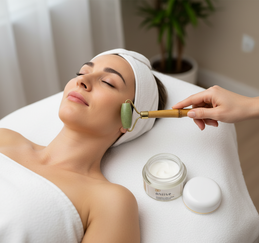 Woman receiving facial treatment with a jade roller and cream, in a spa setting.