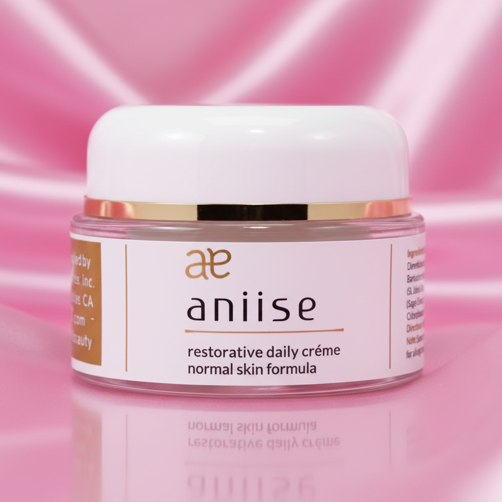 Aniise restorative daily crème jar on a pink background