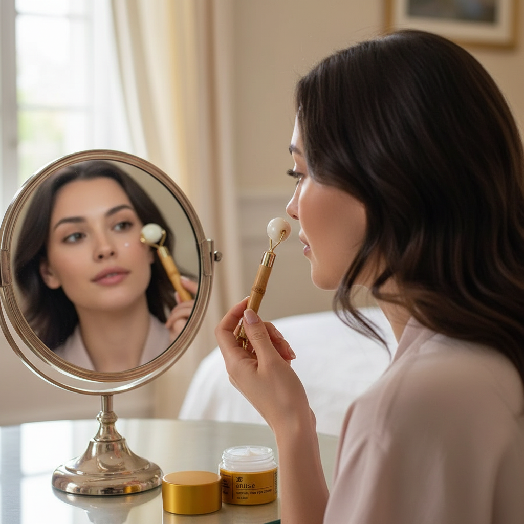 Woman applying cream with a brush in front of a mirror