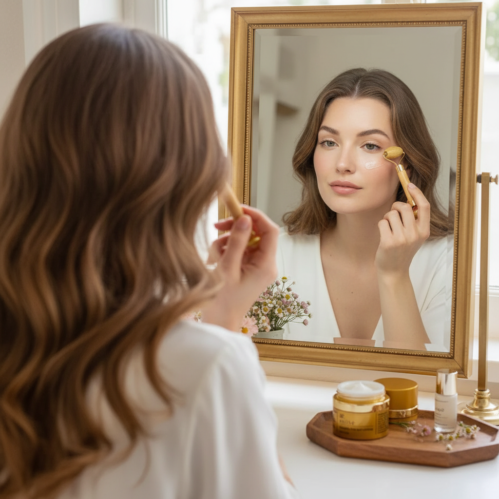Woman applying makeup with a brush in front of a mirror