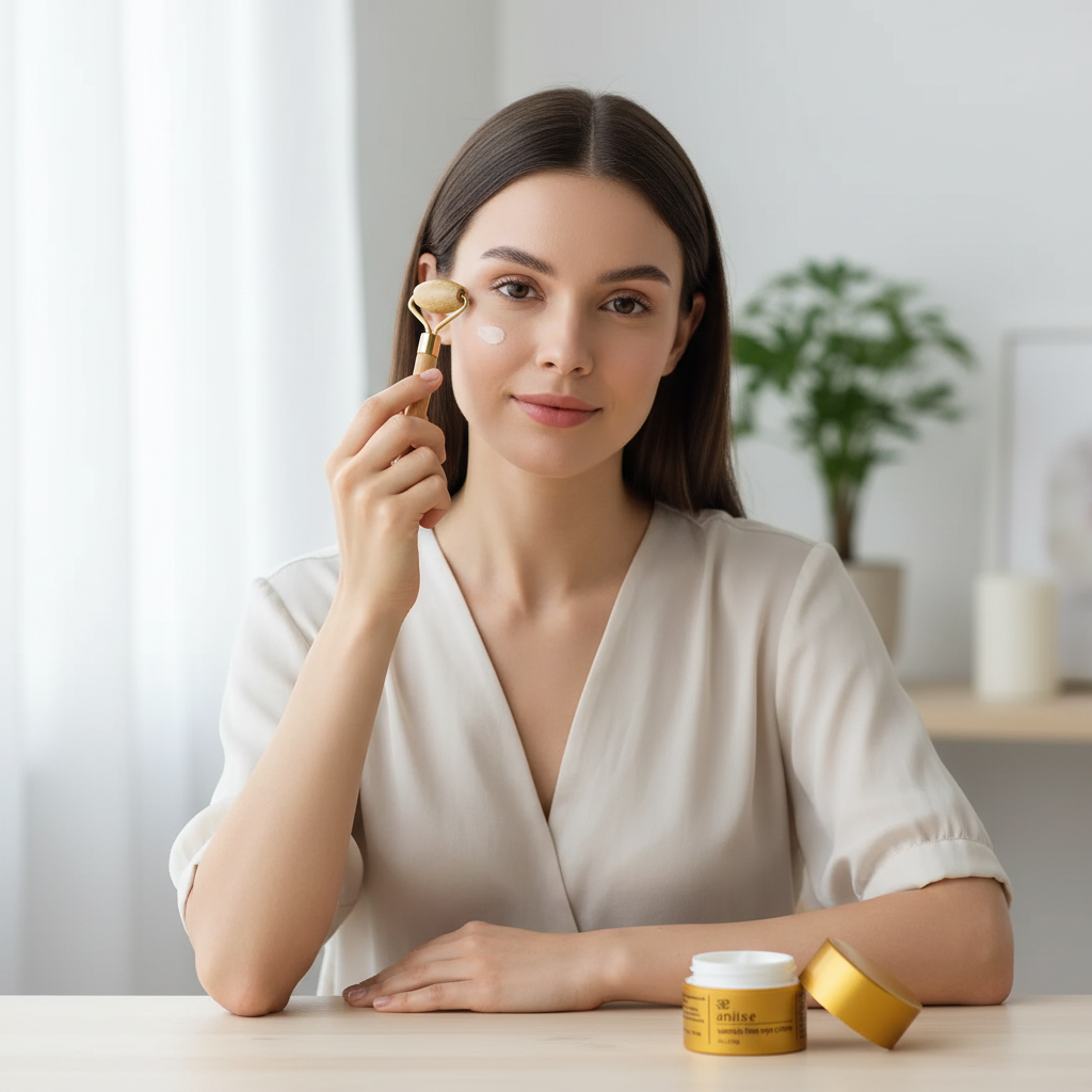 Woman applying cream to her face with a roller, sitting at a table with skincare products.