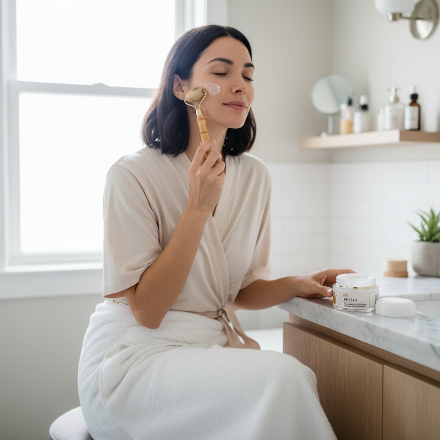 Woman using a facial roller in a bathroom setting with skincare products.